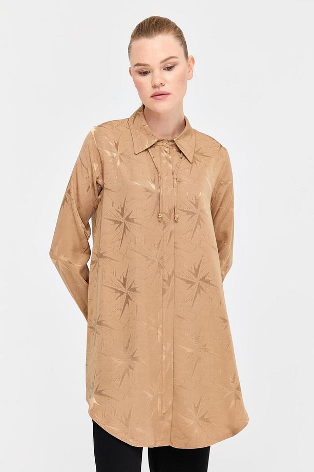 Floş Kumaş Kendinden Desenli Tunik  Camel - 4
