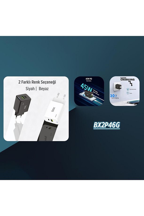 Bx2p46g 45w Gan Usb-c Usb-a Şarj Aleti Iphone Ipad Pps Pd Type-c Hızlı Şarj Cihazı Siyah - 7