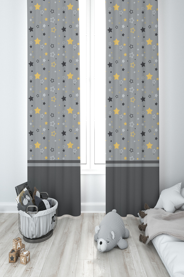 BABY AND KIDS ROOM Gray Yellow Star Patterned 2 Wing Background Curtain