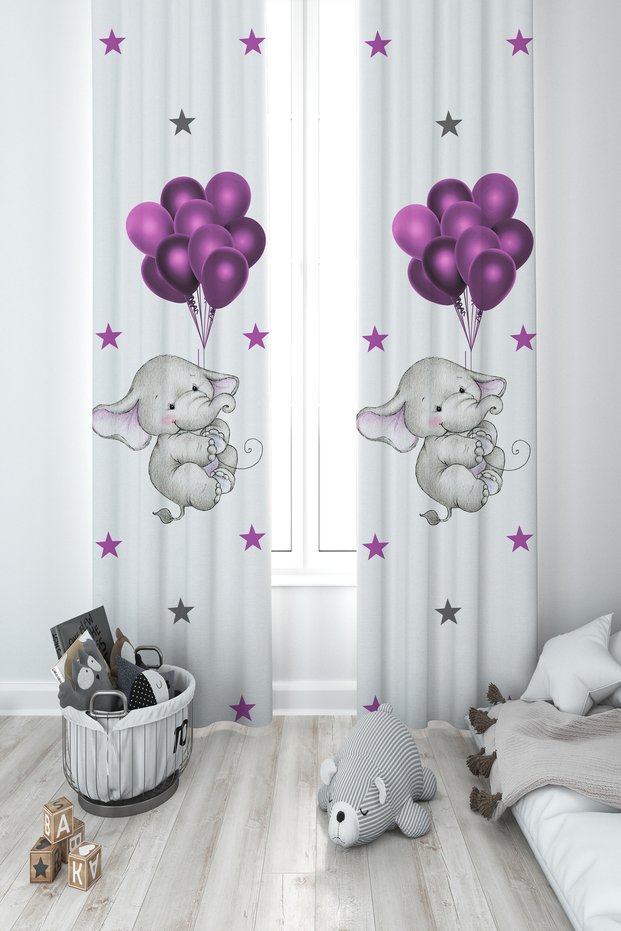 BABY AND KIDS ROOM 2 Wings Background Curtain with Elephant and Purple Balloon Pattern