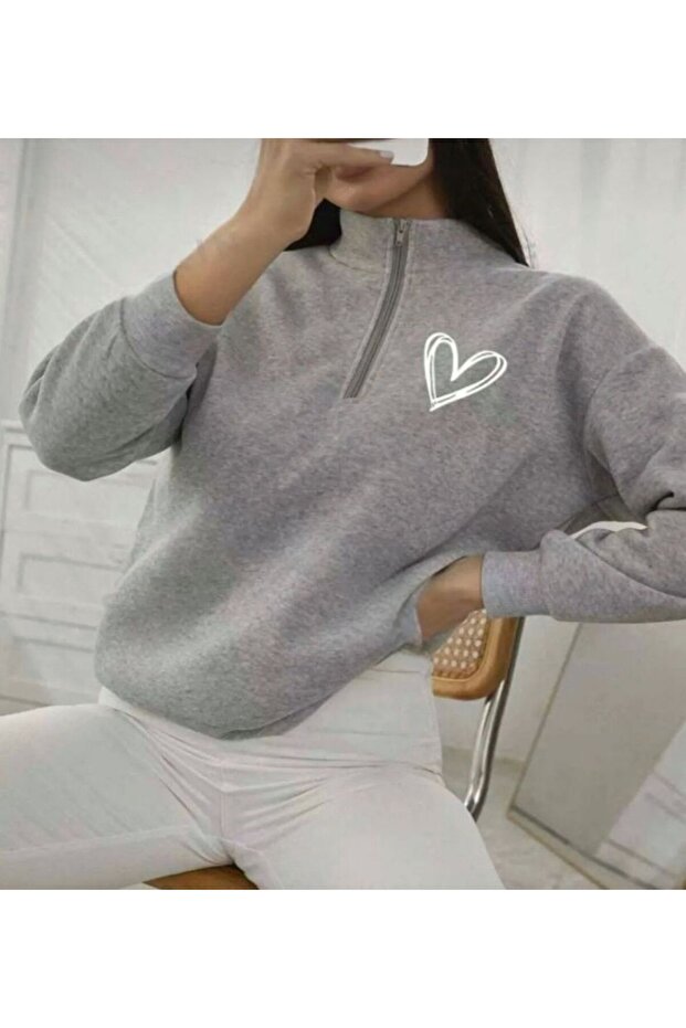 Half Zippered Gray Dikyaka Heart Printed Sweater