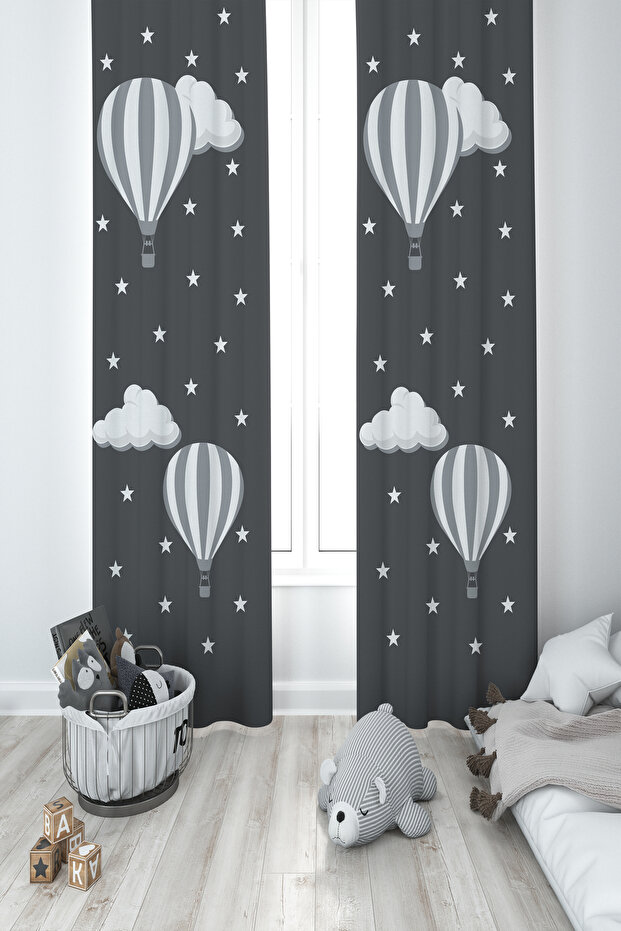 BABY AND KIDS ROOM Cloudy Star and Flying Balloon Patterned 2 Wing Background Curtain