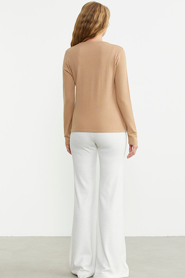 Yaka Detaylı Triko Kazak - Kamel - 5
