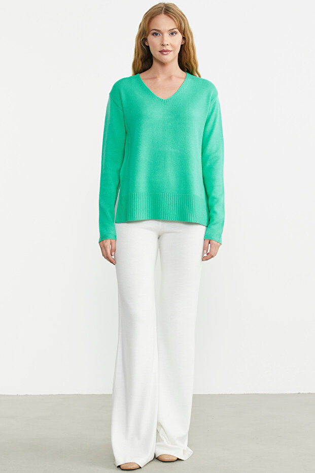 Salaş V Yaka Basic Triko Kazak - Yeşil - 2