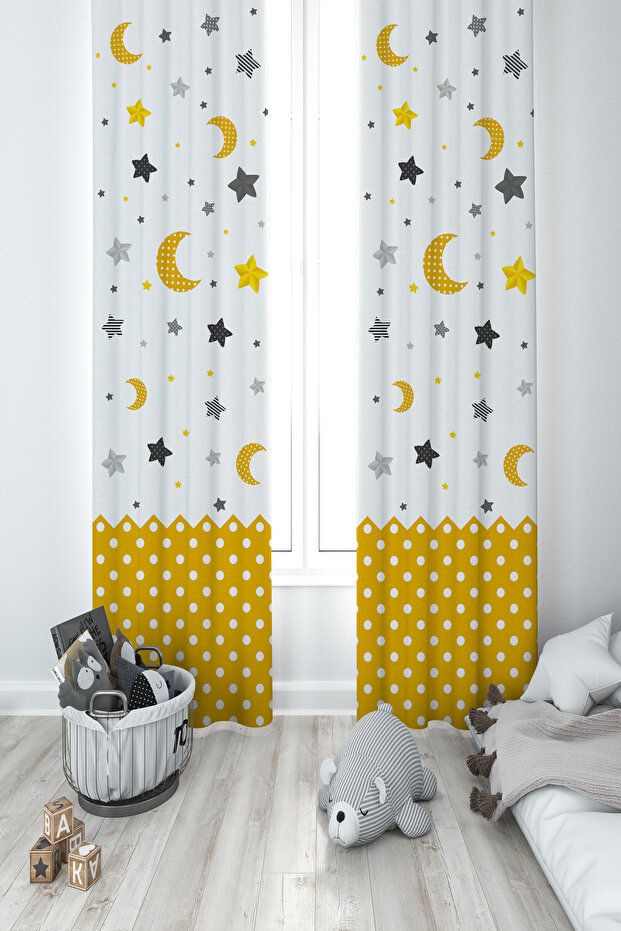 BABY AND CHILDREN'S ROOM Moon and Star Patterned 2 Wing Background Curtain