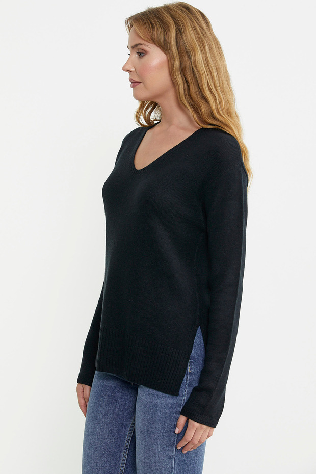 Salaş V Yaka Basic Triko Kazak - Siyah - 4