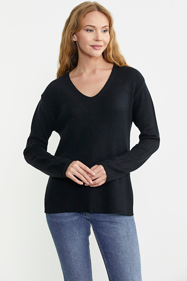 Salaş V Yaka Basic Triko Kazak - Siyah - 2