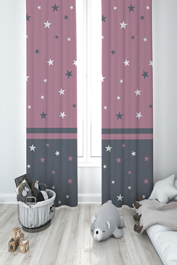 BABY AND KIDS ROOM Large Pink Star Patterned 2 Wing Background Curtain