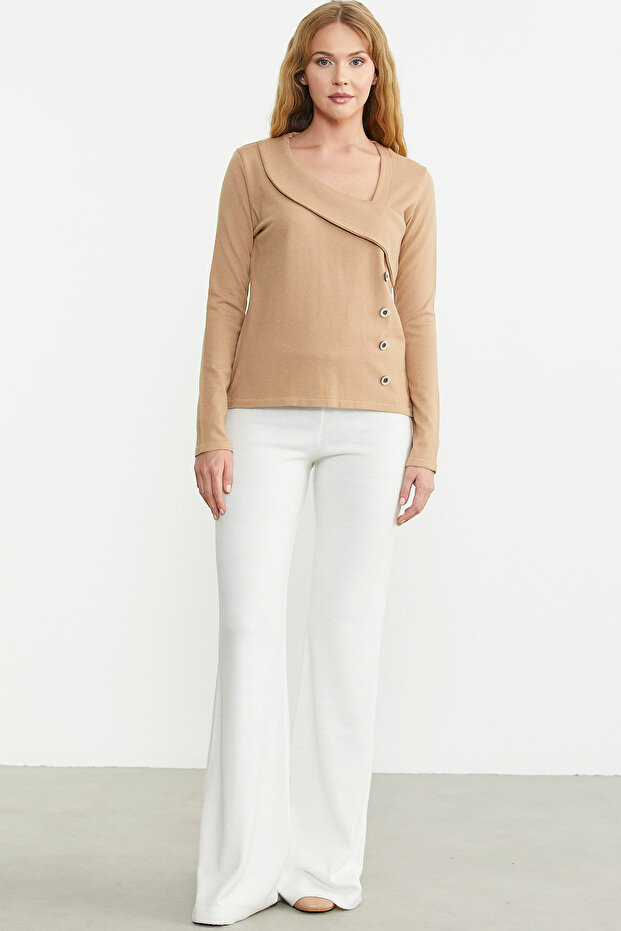 Yaka Detaylı Triko Kazak - Kamel - 2