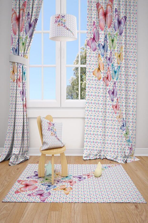 Butterfly Patterned Children's and Baby Room Backdrop Curtain, 2 Panels, MKT-116