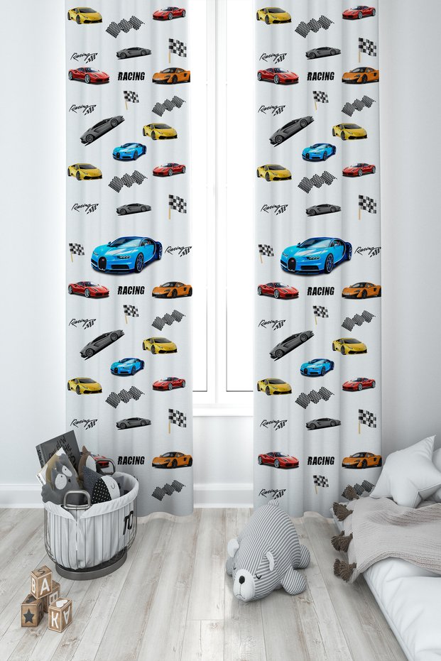 BABY AND KIDS ROOM Race Cars Patterned 2 Wing Background Curtain