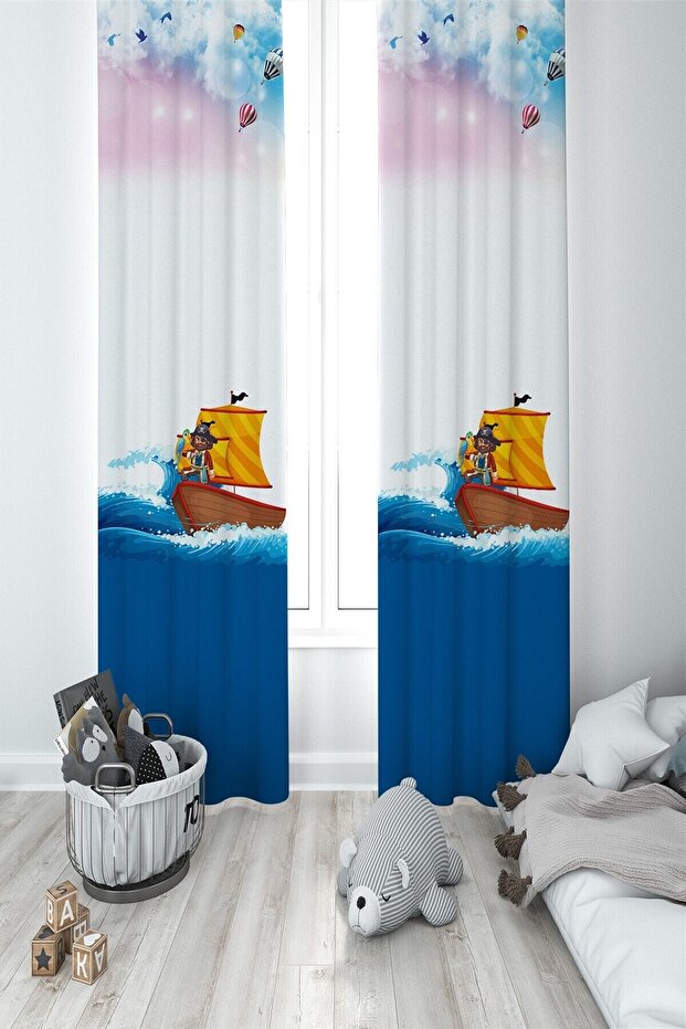 Blue Children's Room Sea Pattern 2 Wing Background Curtain