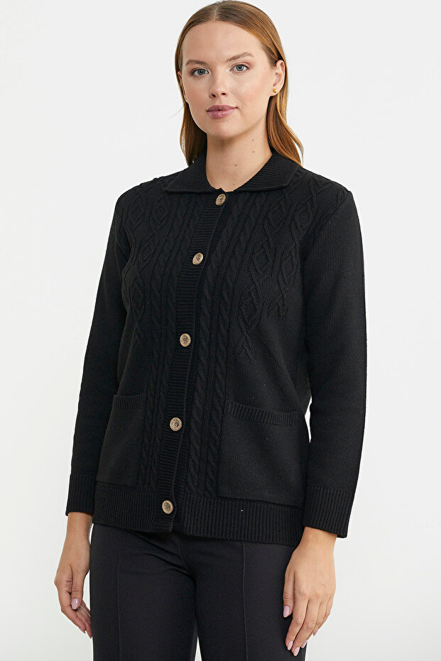 Buttoned Wool Knitwear Cardigan with Pocket Detail - Black