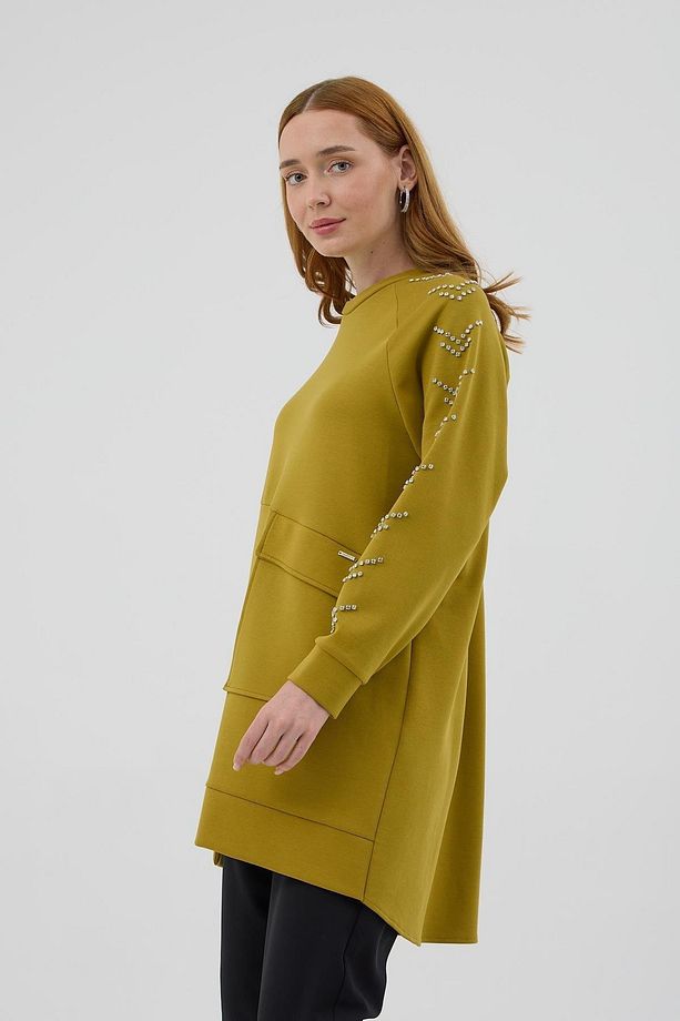 Kolları Çakma Taşlı Önü Cepli Sweatshirt - Yağ Yeşili - 4