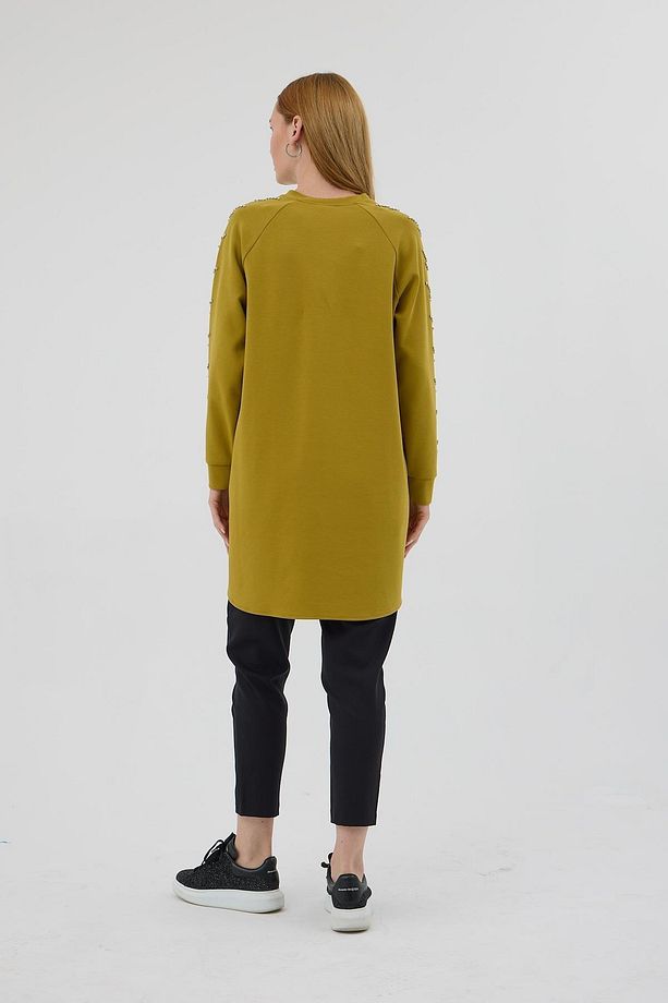 Kolları Çakma Taşlı Önü Cepli Sweatshirt - Yağ Yeşili - 6