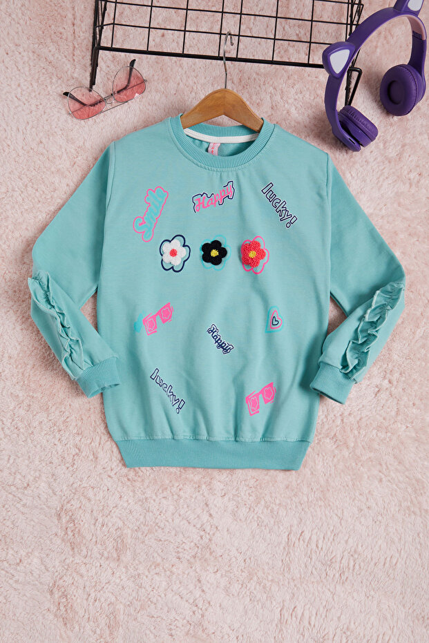 Mint Flower Embroidered Long Sleeve Girl's Sweatshirt 16306
