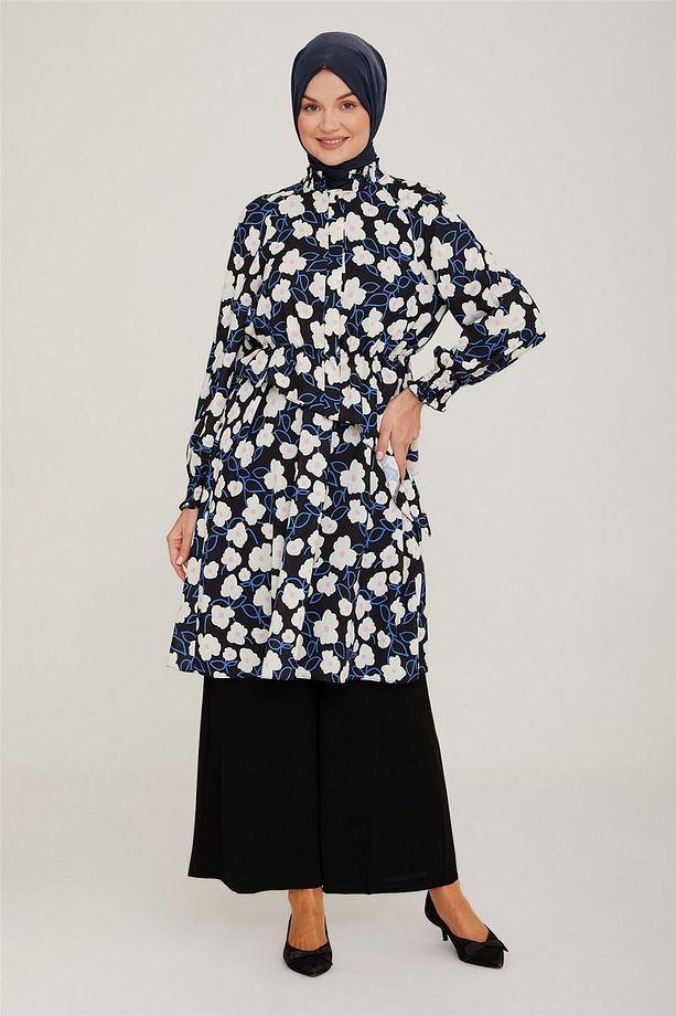 Beli Lastikli Çiçekli Tunik 22k4109 Ekru - 2