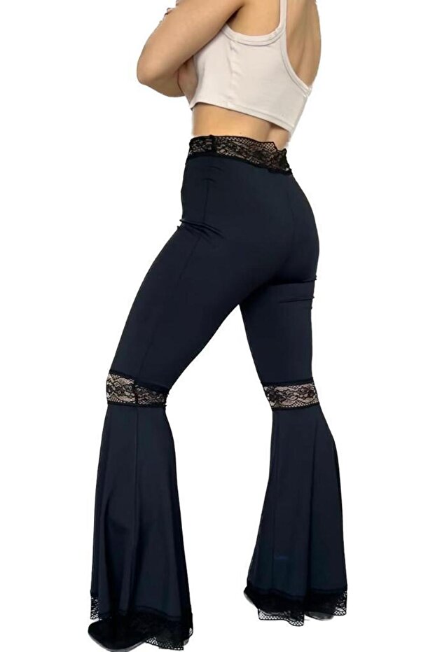 Dantel detaylı elastan ispanyol paça pantolon - 6