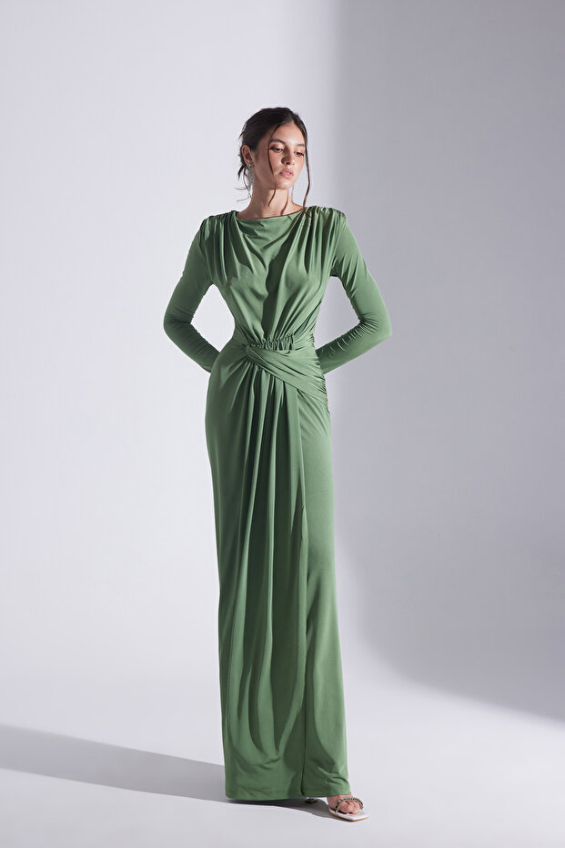 HAILEY SİYAH DRAPELİ UZUN ELBİSE - 1