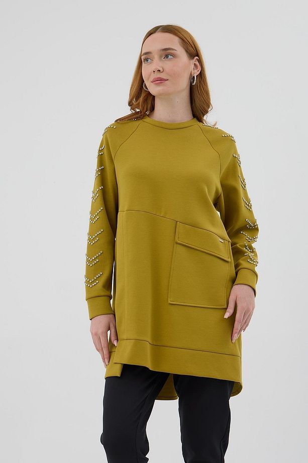 Kolları Çakma Taşlı Önü Cepli Sweatshirt - Yağ Yeşili - 3