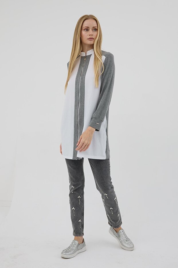 Mloodbasic Dik Yakalı Fermuarlı Tunik - Gri - 2