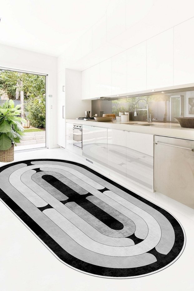 Digital Print Washable Non-Slip Sole Stain Resistant Gray Oval Kitchen Rug Living Room Rug and Runner Rug
