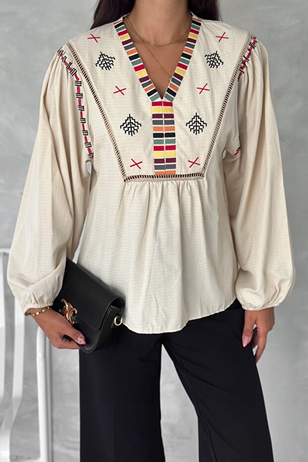 Women's Beige V-Neck Embroidered Blouse