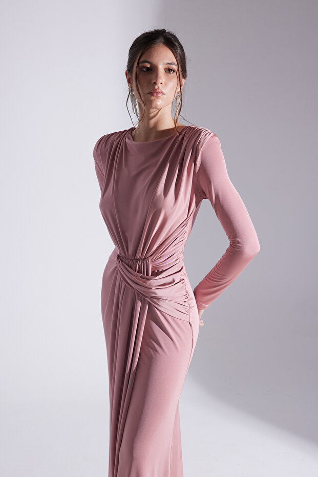 HAILEY SİYAH DRAPELİ UZUN ELBİSE - 4