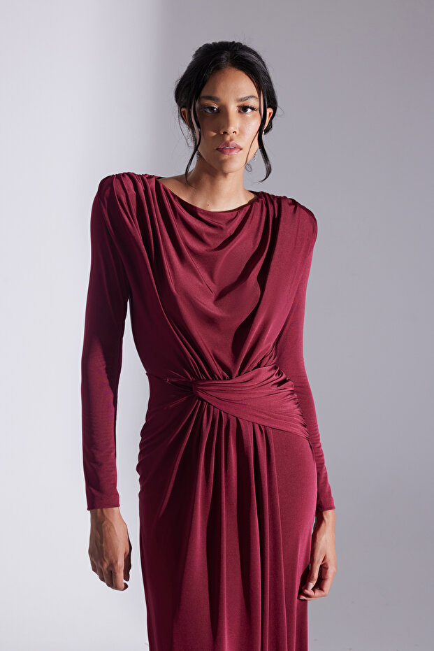 HAILEY SİYAH DRAPELİ UZUN ELBİSE - 3