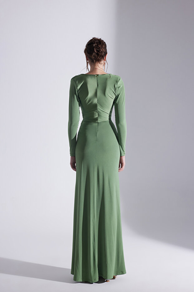 HAILEY SİYAH DRAPELİ UZUN ELBİSE - 4