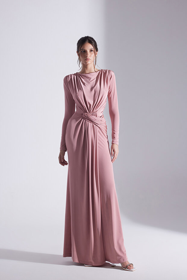 HAILEY SİYAH DRAPELİ UZUN ELBİSE - 1