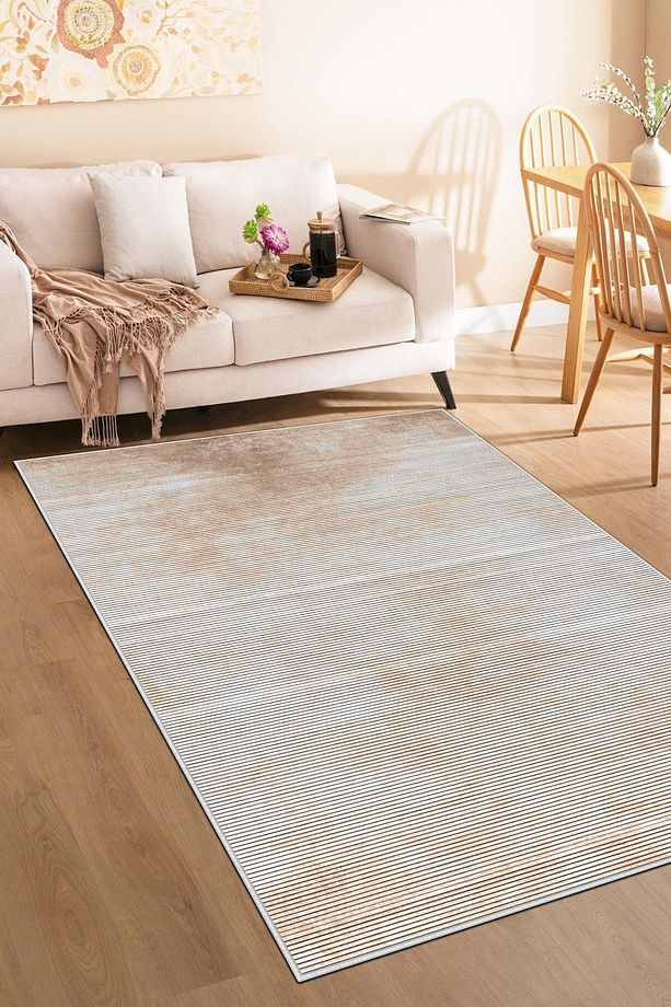 Makinede Yıkanabilir Kaymaz Taban Leke Tutmaz Bej Salon Halısı Mutfak Halısı ve Yolluk - 1
