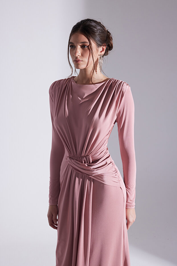 HAILEY SİYAH DRAPELİ UZUN ELBİSE - 2