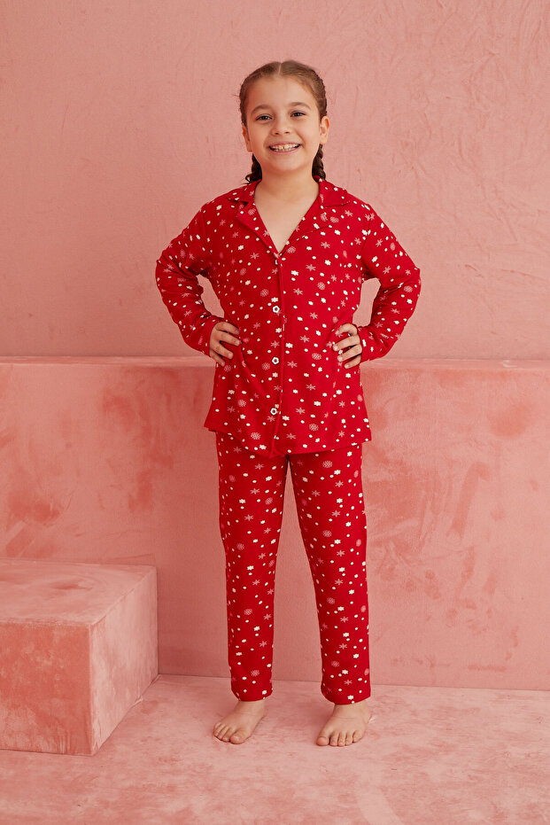 Kırmızı Yıldız Desenli Önden Düğmeli Süet Pijama Takım - 3