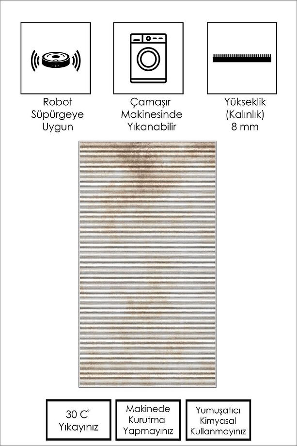 Makinede Yıkanabilir Kaymaz Taban Leke Tutmaz Bej Salon Halısı Mutfak Halısı ve Yolluk - 3
