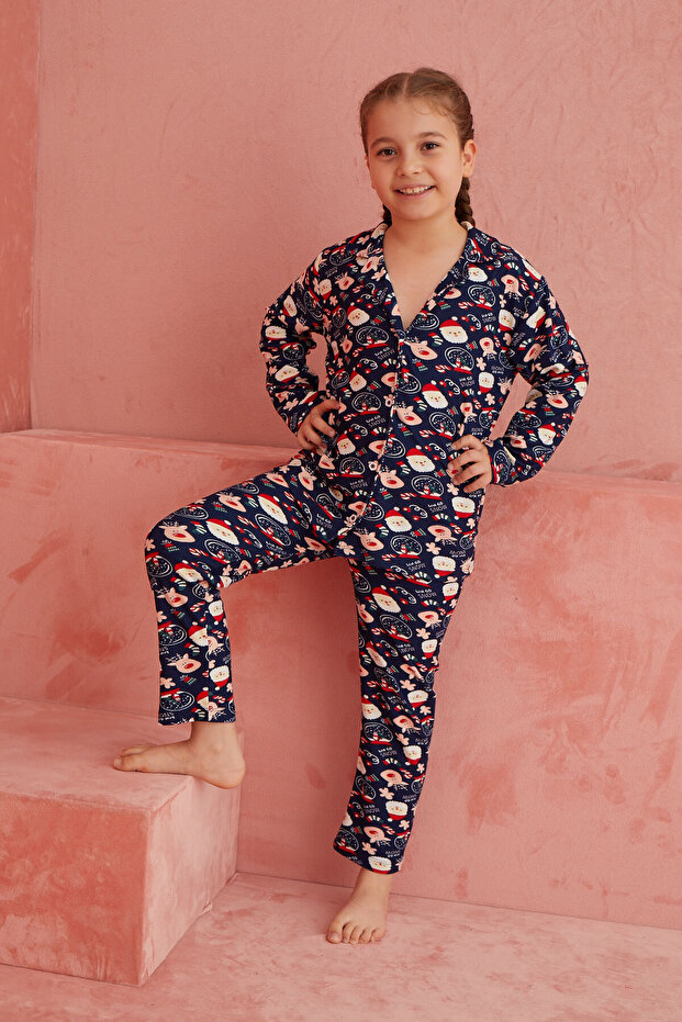 Lacivert Yılbaşı Desenli Önden Düğmeli Süet Pijama Takım - 3