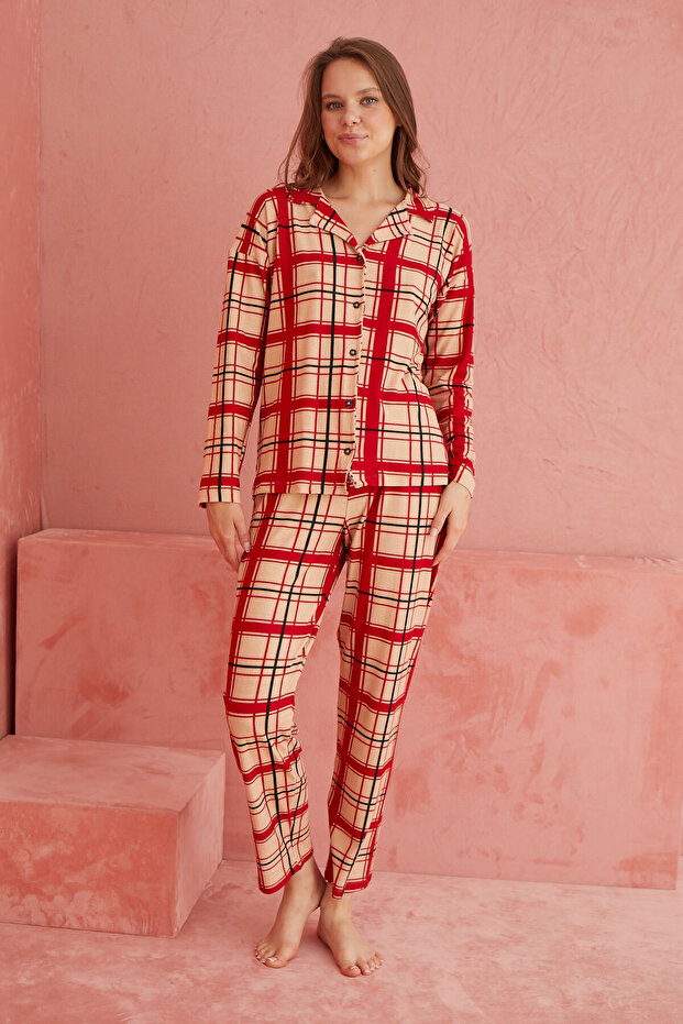 Somon-Kırmızı Ekose Desenli Önden Düğmeli Süet Pijama Takım - 2