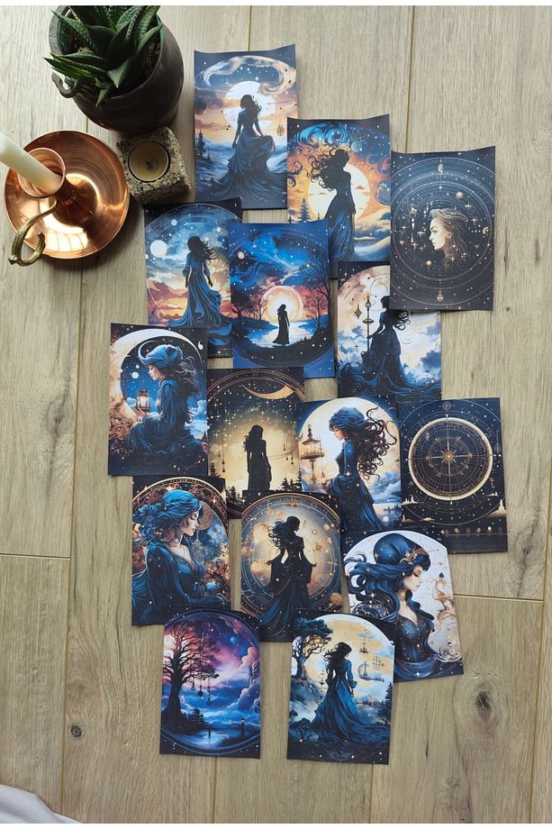 15 Adet Siyah Gece Kadın Ay Temalı Scrapbook Kağıt Seti Bullet Journal Dekupaj Kağıdı - 1