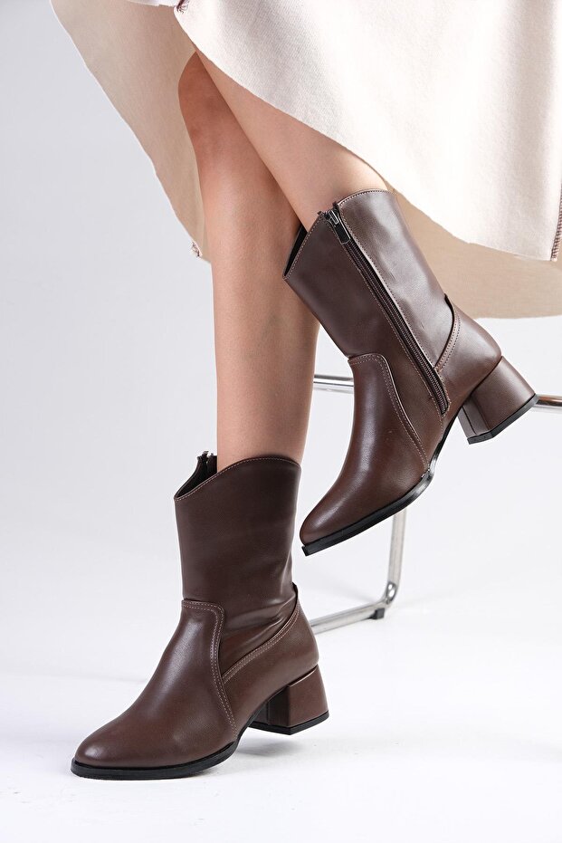 April Brown Oval Toe Women's Short Heeled Boots