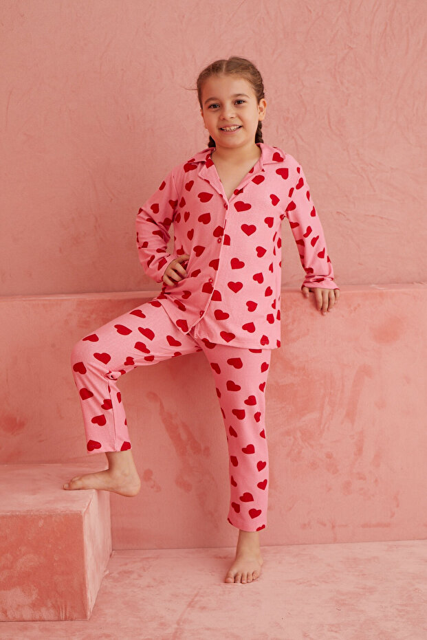 Pink Heart Patterned Front Buttoned Suede Pajama Set - 3