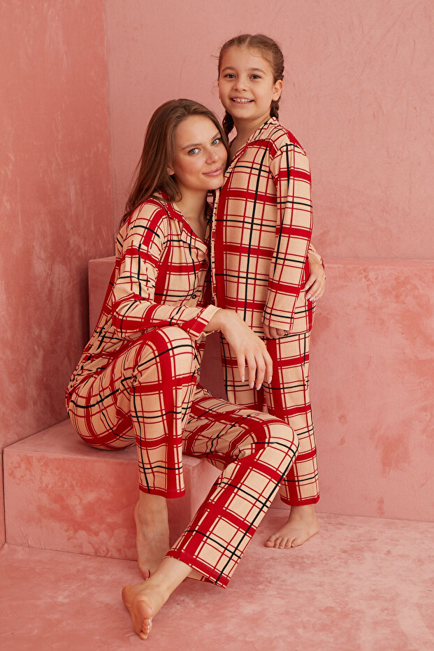Somon-Kırmızı Ekose Desenli Önden Düğmeli Süet Pijama Takım - 1