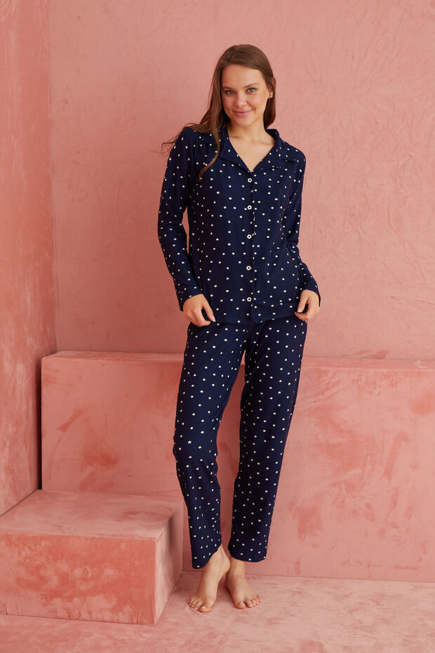 Lacivert Yıldız Desenli Önden Düğmeli Süet Pijama Takım - 2