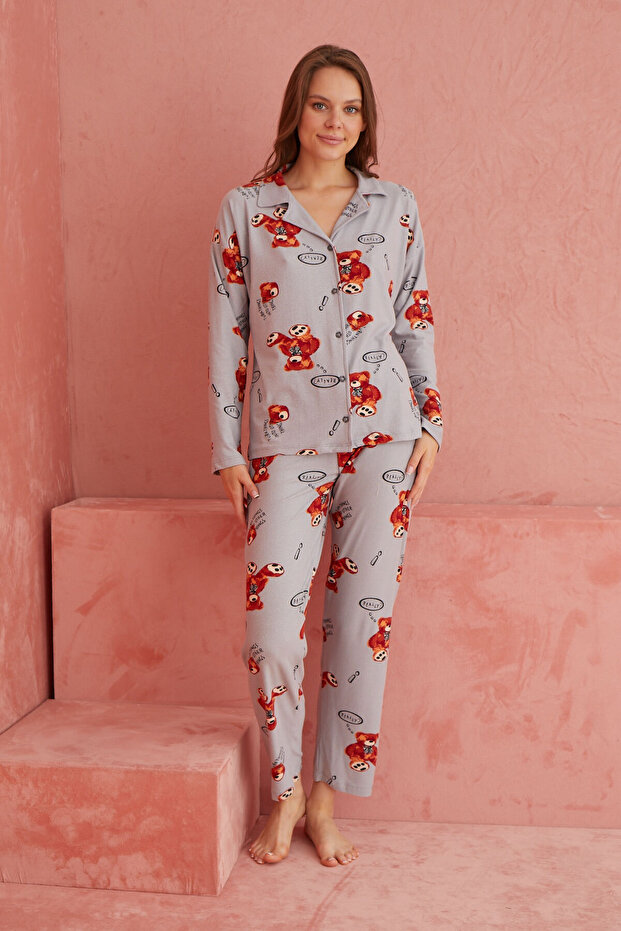 Gray Bear Patterned Front Buttoned Suede Pajama Set - 2