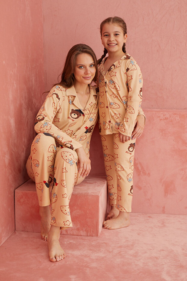 Salmon Bear Patterned Front Buttoned Suede Pajama Set - 1