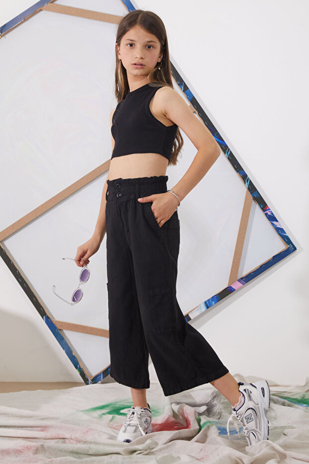 Black High Waist Dobby Girls' Trousers 18923