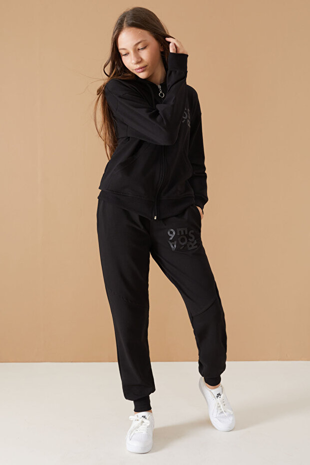 Black Printed Hooded Cardigan Girl's Tracksuit Set 19223