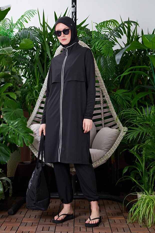 Gümüş Şeritli Tesettür Mayo - Siyah - 5