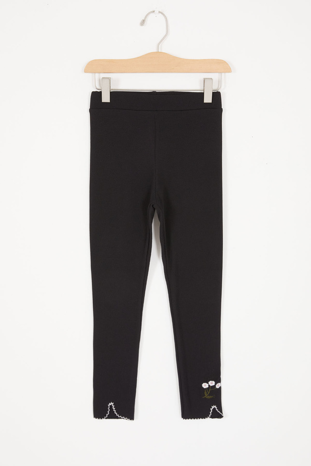 Black Floral Embroidered Ribbed Girls' Tights 16989