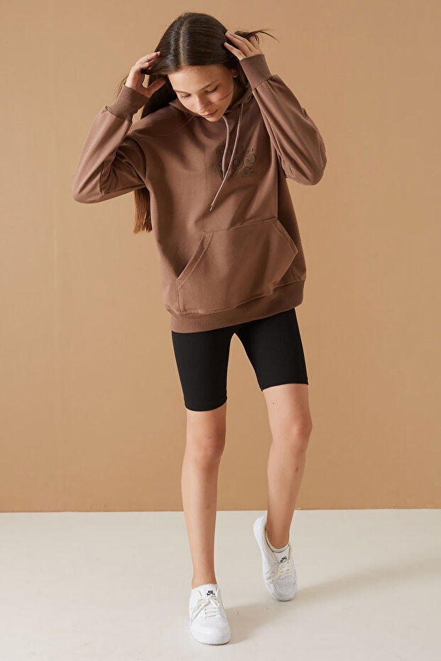 Girl's Brown Hooded Sweatshirt - Text Embossed Print, Model 19310