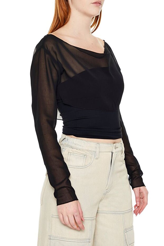 Transparan Şifon Bluz - 1